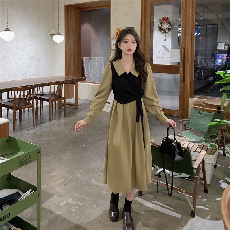 大码女秋季新款胖妹妹法式茶歇气质收腰显瘦遮肚假两件复古连衣裙