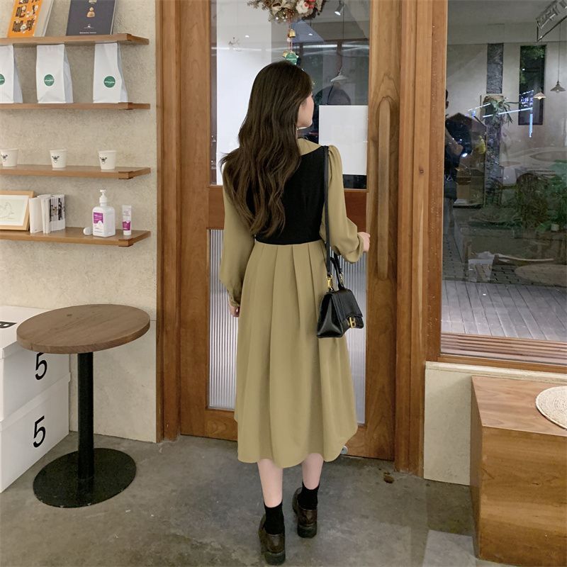 大码女秋季新款胖妹妹法式茶歇气质收腰显瘦遮肚假两件复古连衣裙