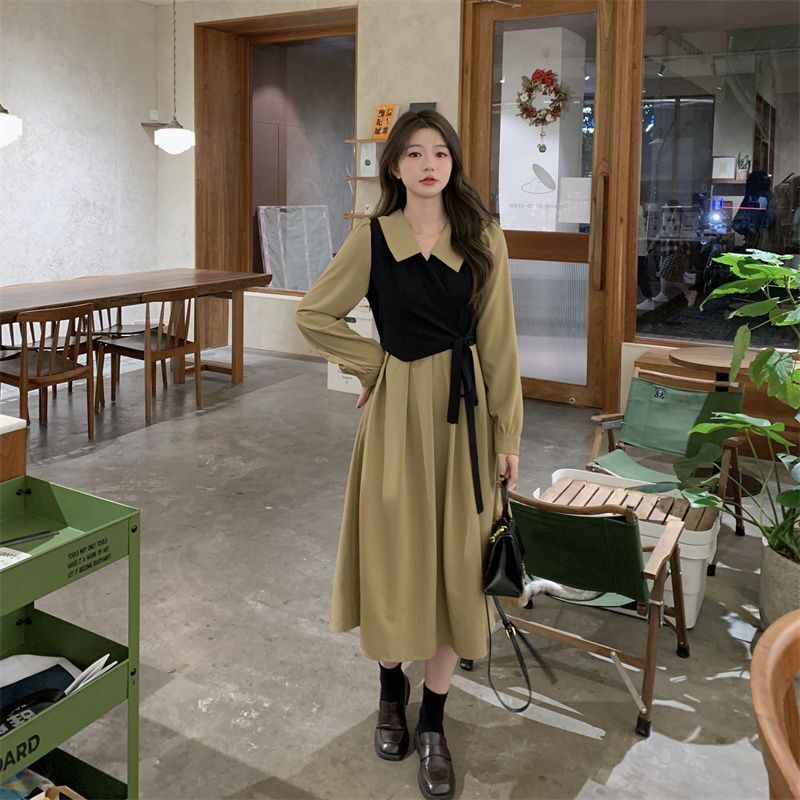 大码女秋季新款胖妹妹法式茶歇气质收腰显瘦遮肚假两件复古连衣裙