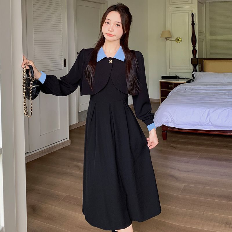 实拍【两件套】大码微胖mm短款外套上衣女百褶a字吊带连衣裙子