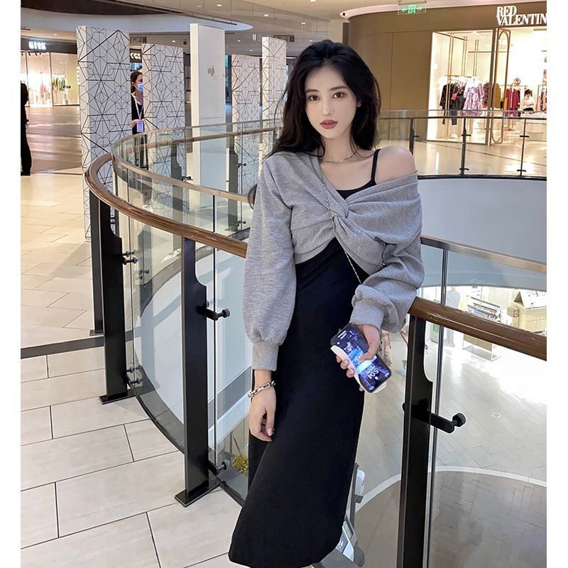 春秋2024新款套装扭折卫衣上衣+吊带裙连衣长裙两件套女甜辣 春秋2024新款套装扭折卫衣上衣+吊带裙连衣长裙两件套女甜辣