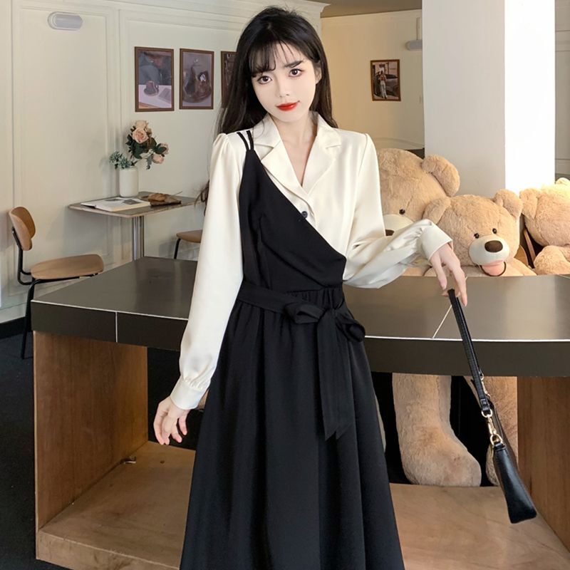 #281官图实价 法式气质假两件西装连衣裙女大码轻熟风高级感