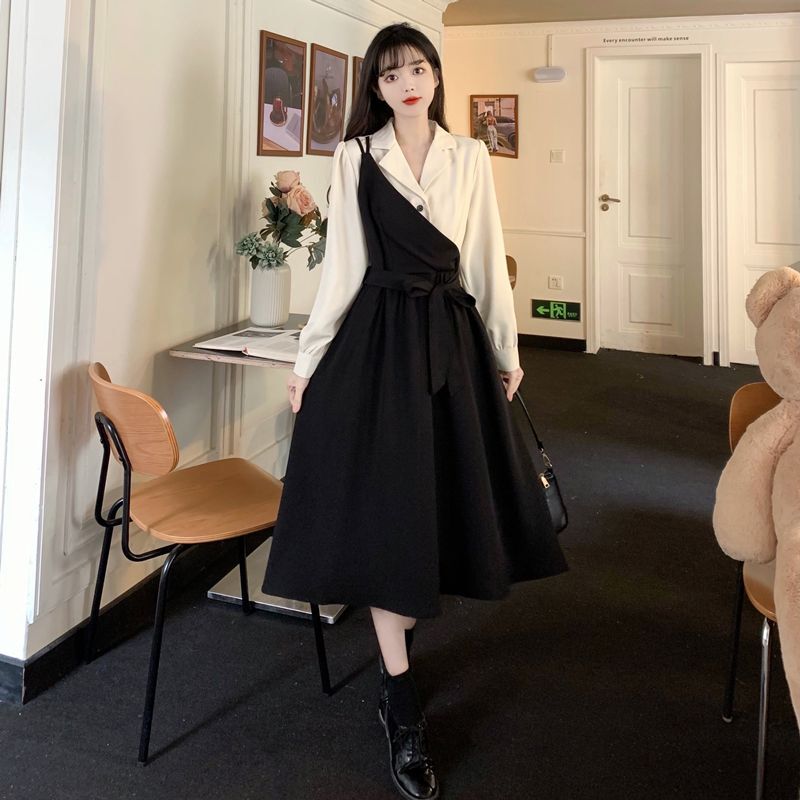 #281官图实价 法式气质假两件西装连衣裙女大码轻熟风高级感