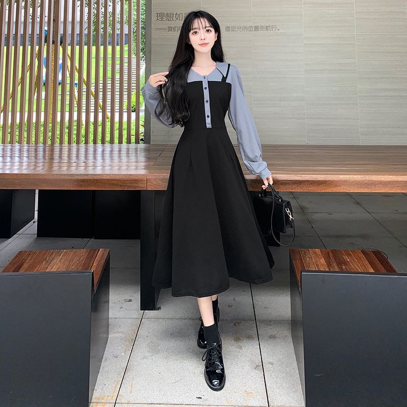 #2830实拍 秋冬季假两件连衣裙胖mm遮肚显瘦时尚大码撞色