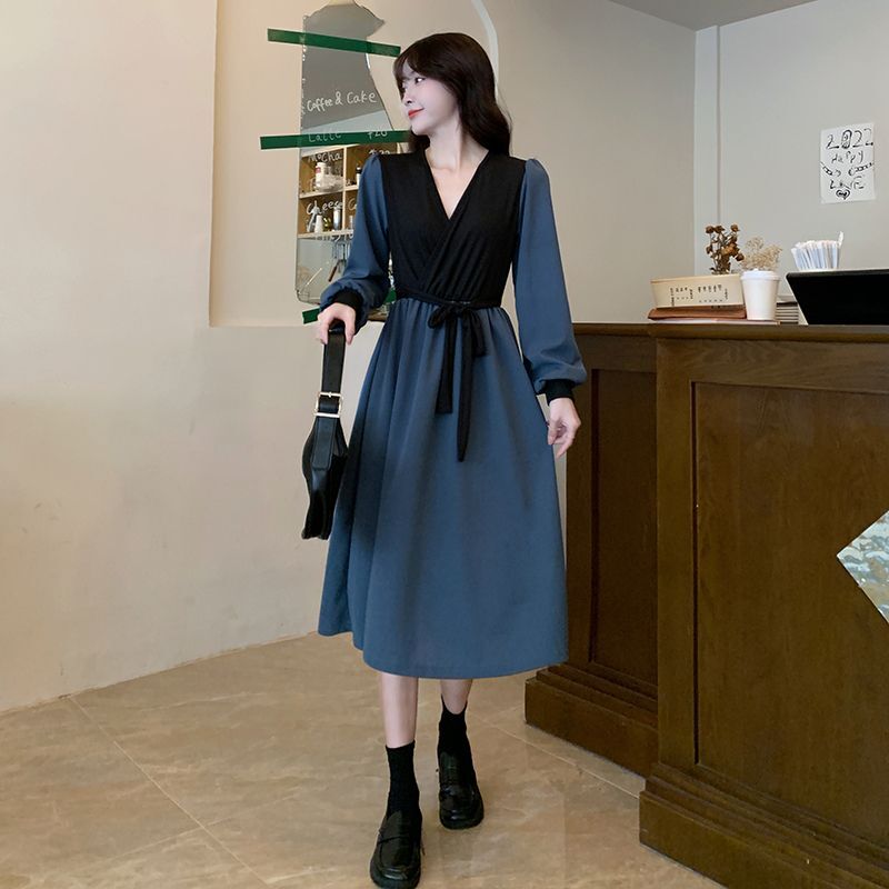 #286实拍实价 现货新款蝴蝶结系带撞色气质V领连衣裙长裙显 #286实拍实价 现货新款蝴蝶结系带撞色气质V领连衣裙长裙显