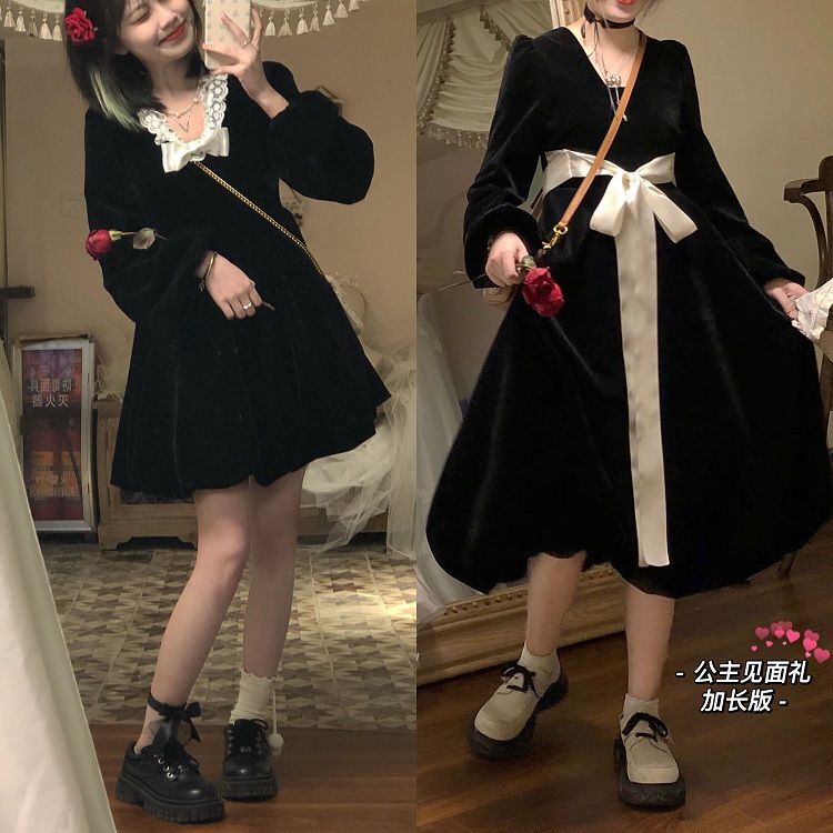 官图 复古丝绒小黑裙秋冬大码胖mm显瘦小个子减龄蝴蝶结连衣裙 官图 复古丝绒小黑裙秋冬大码胖mm显瘦小个子减龄蝴蝶结连衣裙