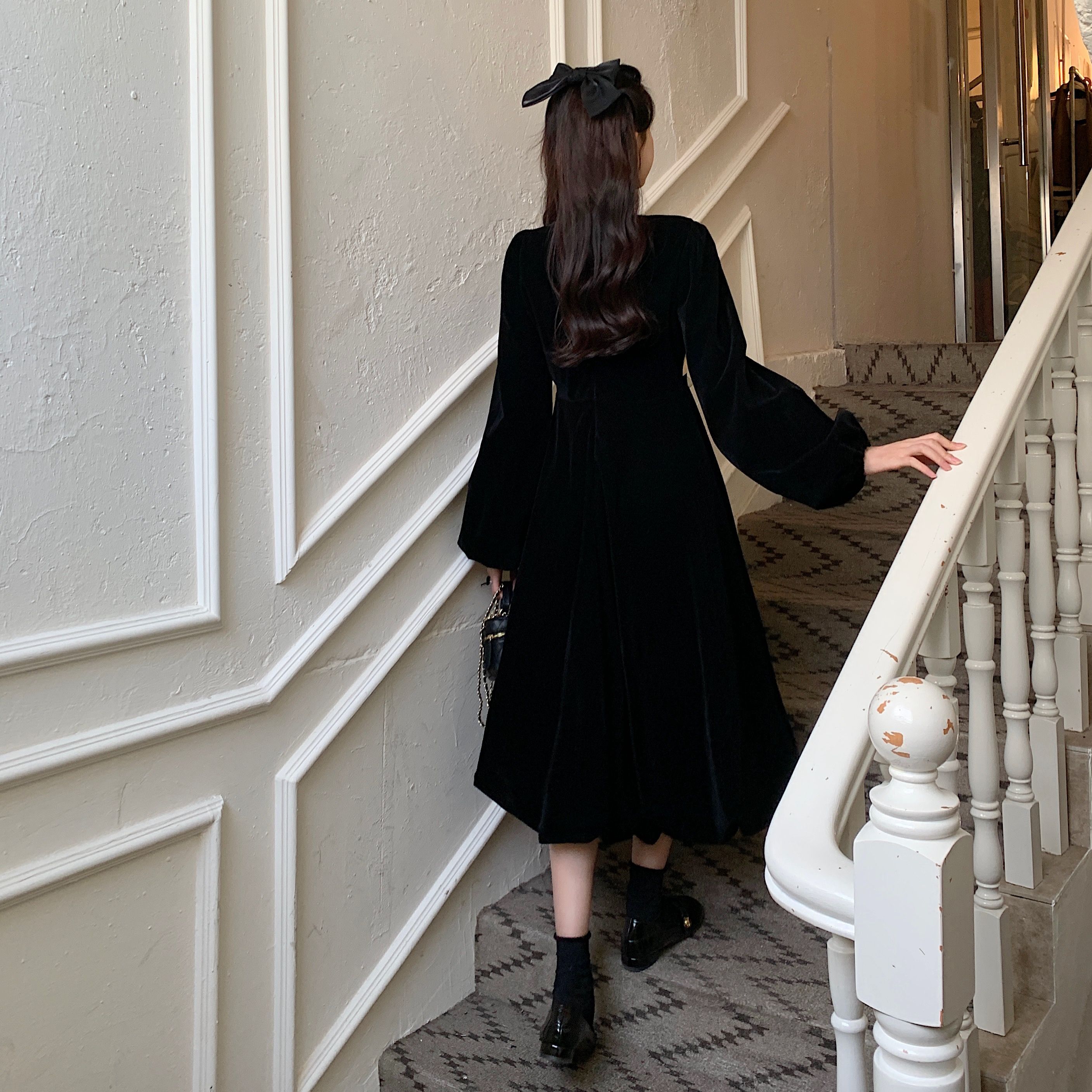 官图|有内里+拉链|大码绑带蝴蝶结连衣裙法式高级感丝绒显瘦长