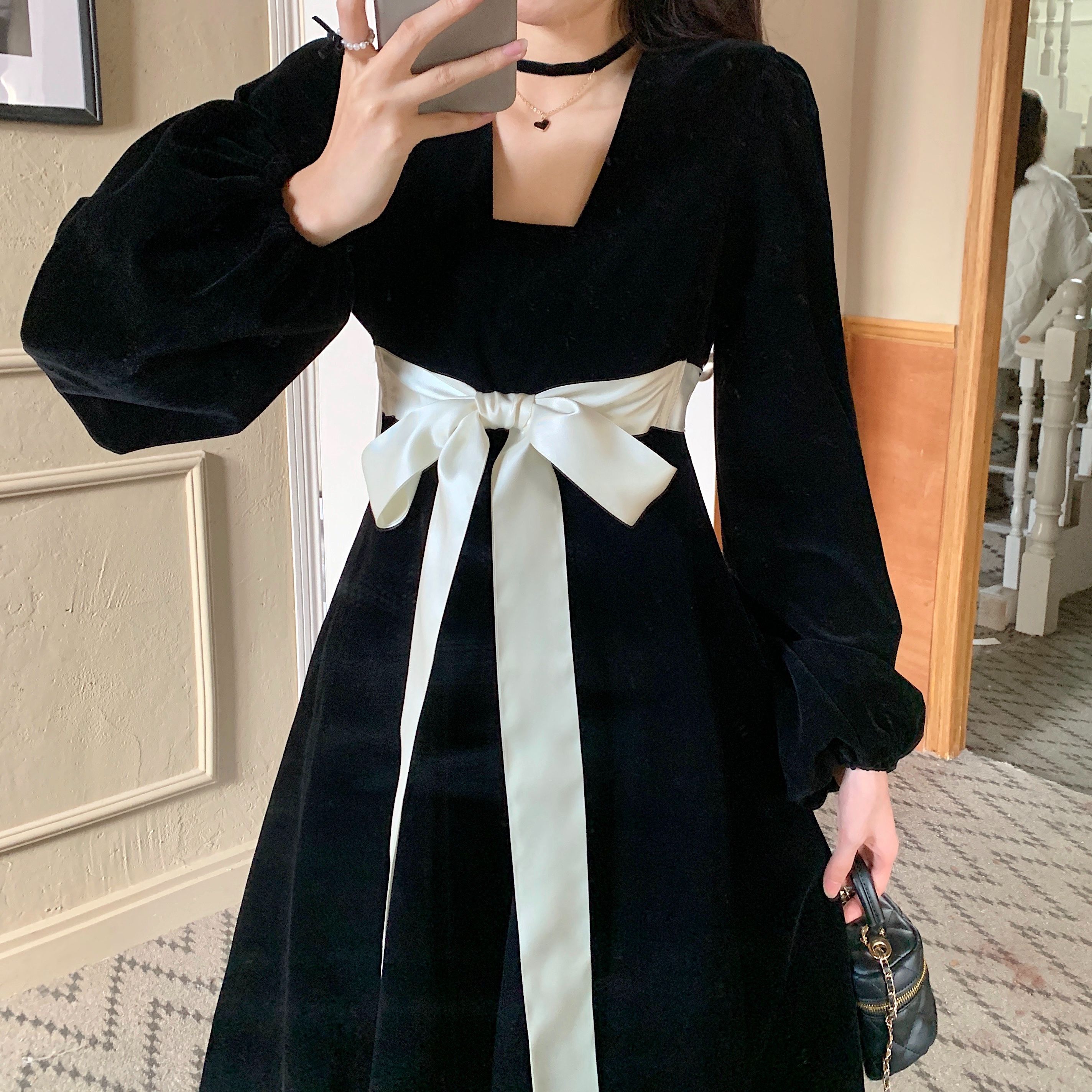 官图|有内里+拉链|大码绑带蝴蝶结连衣裙法式高级感丝绒显瘦长