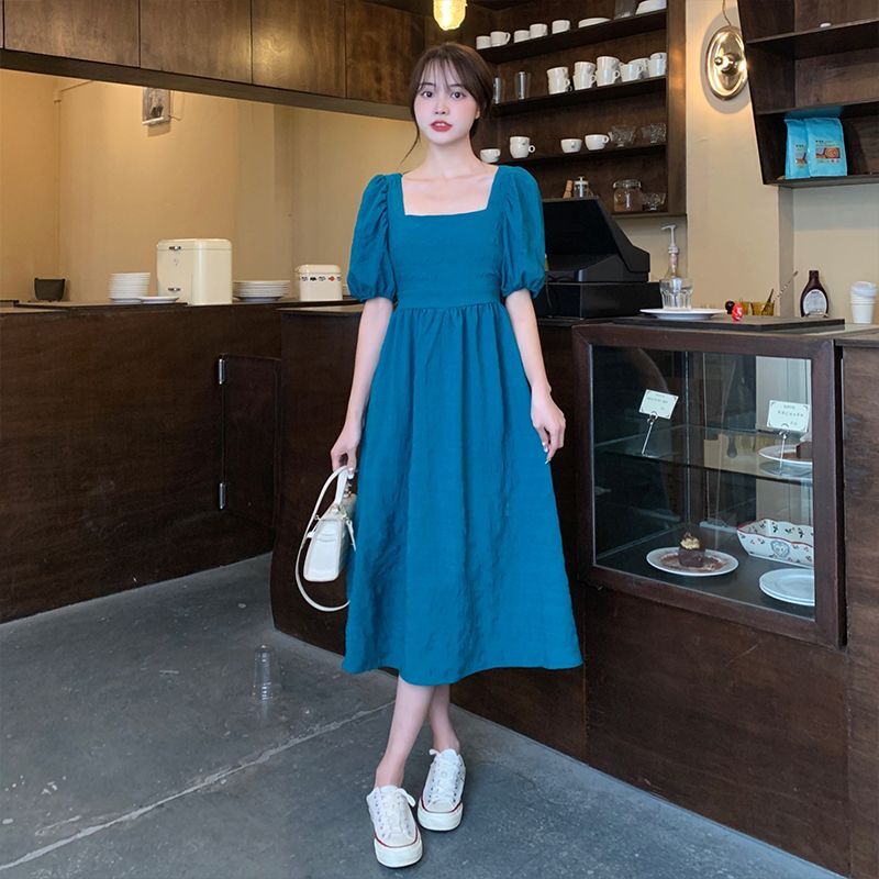 #302实拍实价(有拉链)夏季法式方领泡泡袖连衣裙女装初恋露