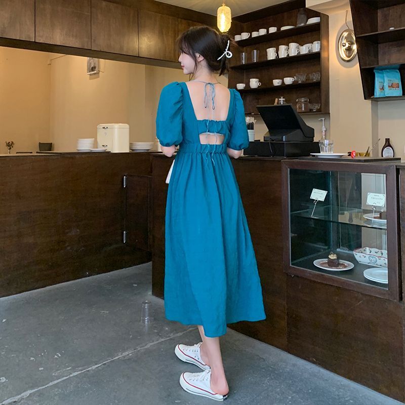 #302实拍实价(有拉链)夏季法式方领泡泡袖连衣裙女装初恋露