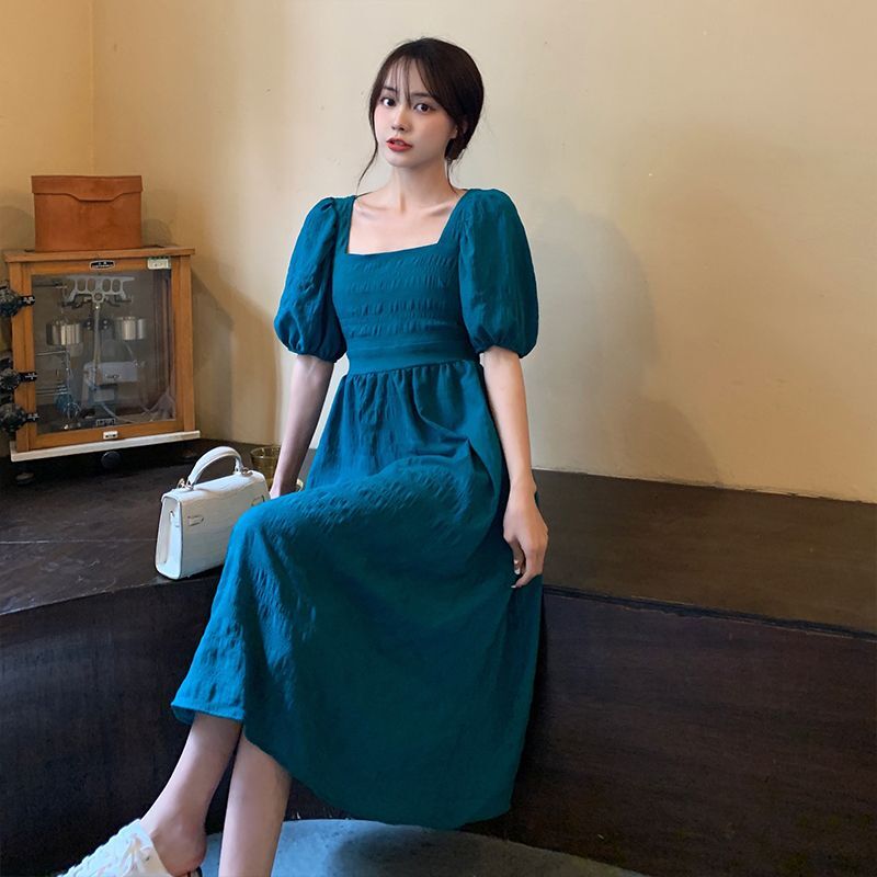 #302实拍实价(有拉链)夏季法式方领泡泡袖连衣裙女装初恋露