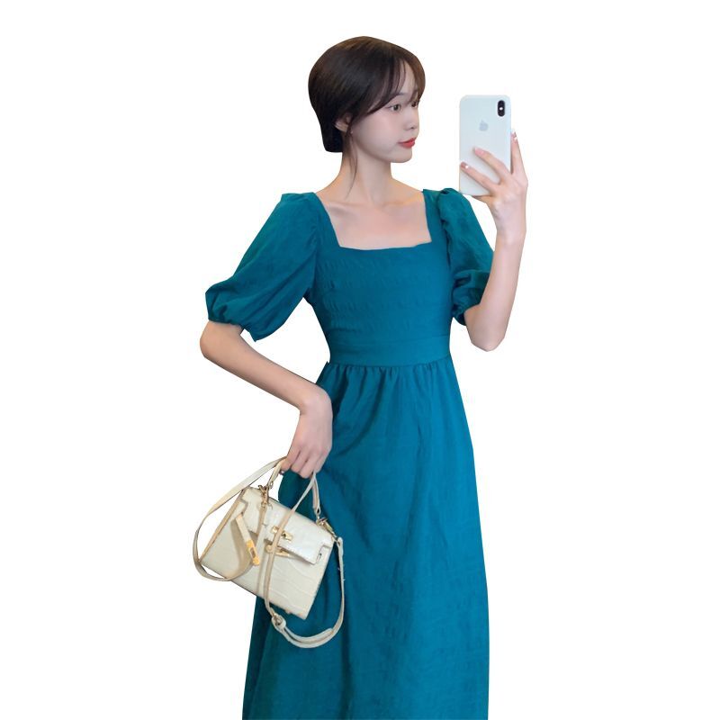 #302实拍实价(有拉链)夏季法式方领泡泡袖连衣裙女装初恋露