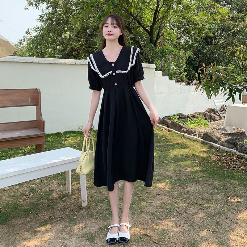 #321实拍实价 夏季短袖法式复古翻领花边赫本风收腰显瘦连衣