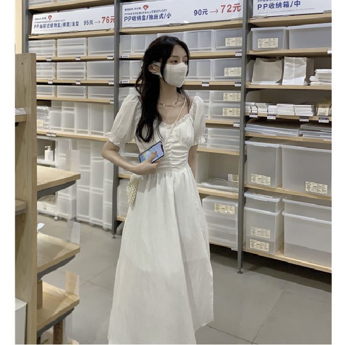 官图 夏季法式气质收腰雪纺显瘦中长款开叉方领短袖连衣裙女 官图 夏季法式气质收腰雪纺显瘦中长款开叉方领短袖连衣裙女