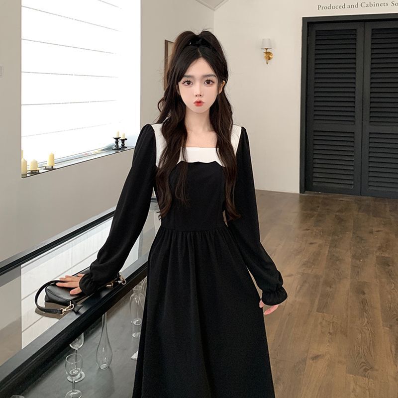 #330实拍实价 2024年秋冬新款法式方领拼接茶歇裙收腰显