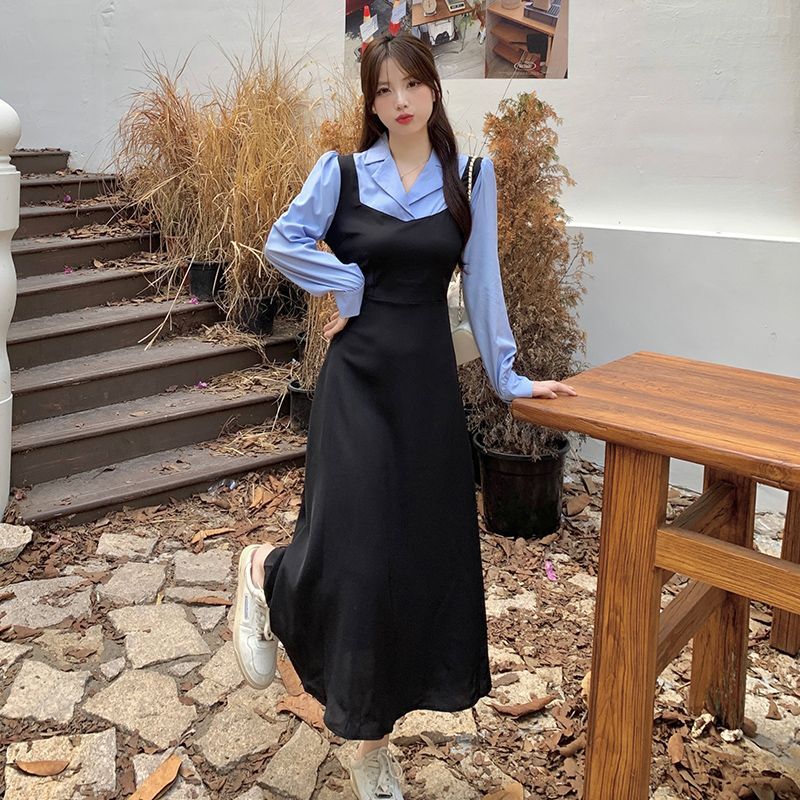 实拍【后包领做工】秋冬新款撞色拼接假两件收腰系带A字长袖连衣