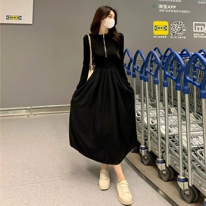 |有口袋|黑色长袖拉链连衣裙女2024秋冬新款赫本风小众长裙