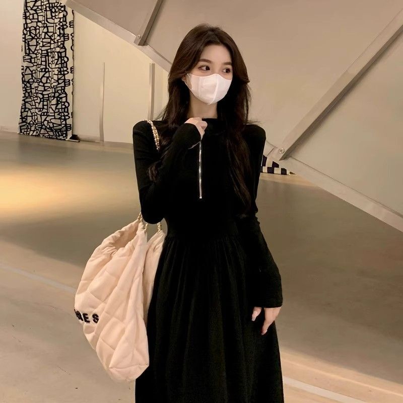 |有口袋|黑色长袖拉链连衣裙女2024秋冬新款赫本风小众长裙
