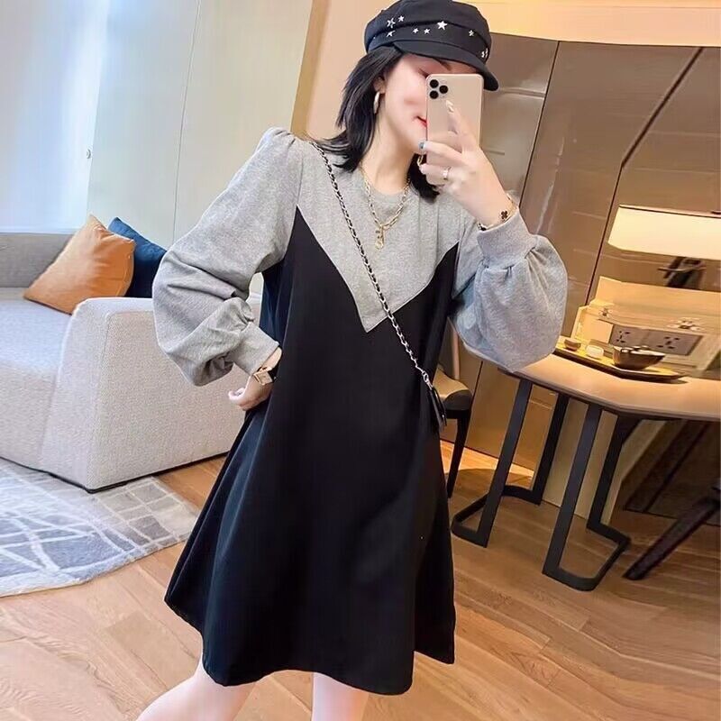 撞色拼接假两件连衣裙女宽松大码长袖2024秋季新款显瘦收腰a