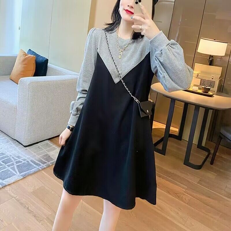 撞色拼接假两件连衣裙女宽松大码长袖2024秋季新款显瘦收腰a