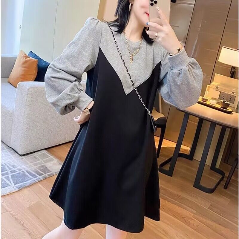 撞色拼接假两件连衣裙女宽松大码长袖2024秋季新款显瘦收腰a
