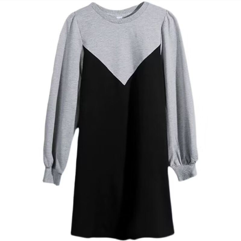 撞色拼接假两件连衣裙女宽松大码长袖2024秋季新款显瘦收腰a