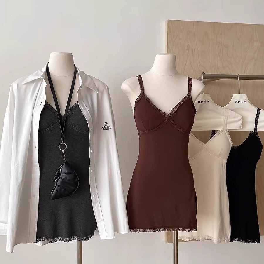 【自带胸垫】磨毛吊带连衣裙女v领内搭打底裙子纯欲风紧身包臀短