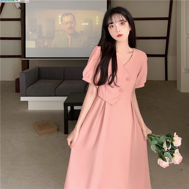 #815官图实价 大码法式减龄V领连衣裙女夏新款设计感收腰显