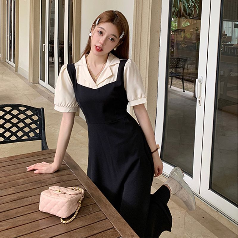 #825【后包领做工】实拍实价新款撞色拼接假两件收腰系带A字 #825【后包领做工】实拍实价新款撞色拼接假两件收腰系带A字