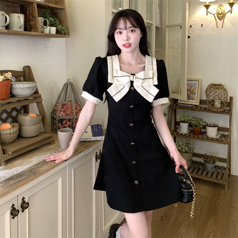 【上架即现货】官图春夏季胖mm高腰蝴蝶结方领短袖大码连衣裙女