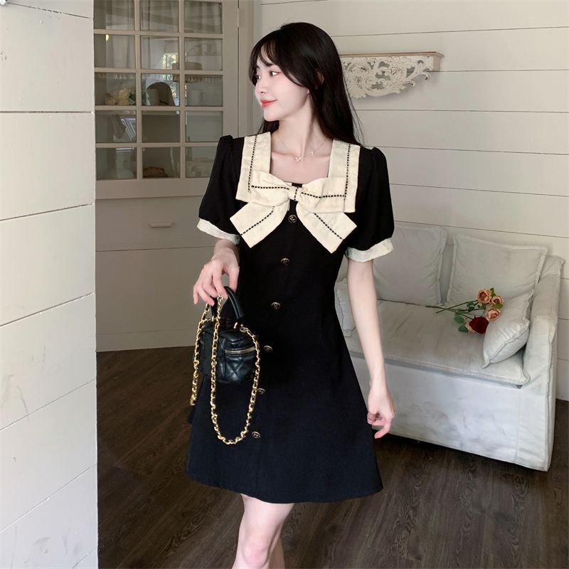 【上架即现货】官图春夏季胖mm高腰蝴蝶结方领短袖大码连衣裙女