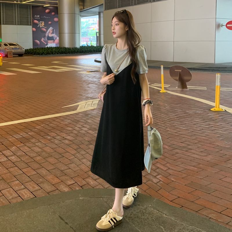 实拍80-200斤|拼色大码胖mm短袖连衣裙女装夏季宽松休闲