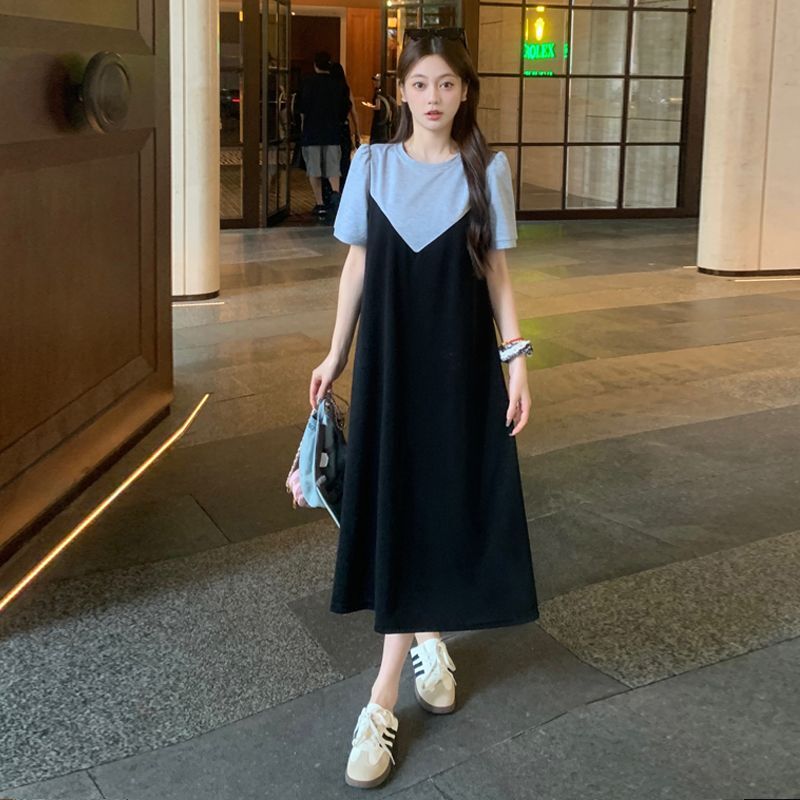 实拍80-200斤|拼色大码胖mm短袖连衣裙女装夏季宽松休闲