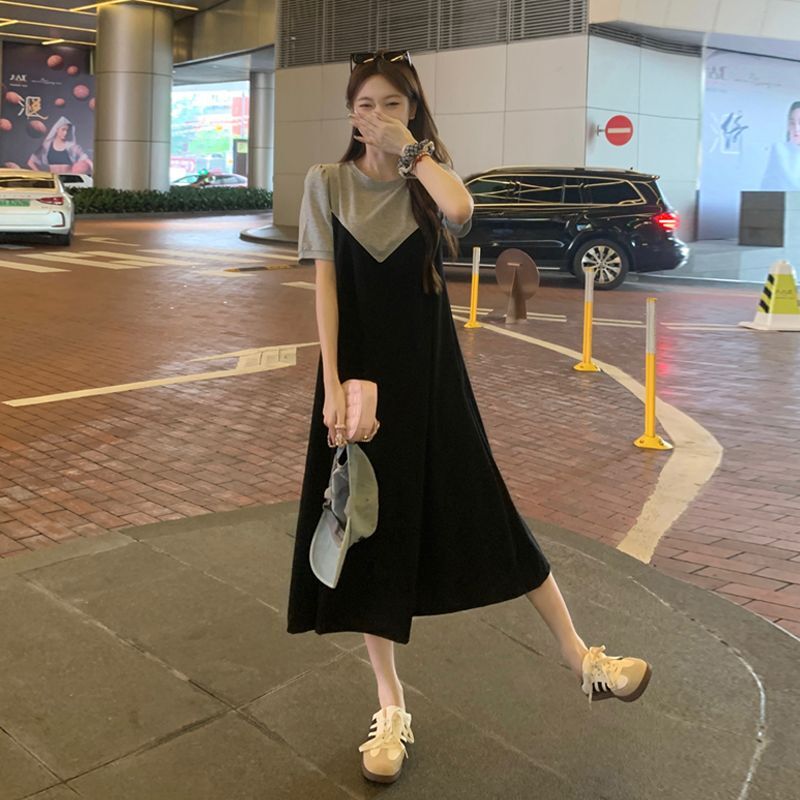 实拍80-200斤|拼色大码胖mm短袖连衣裙女装夏季宽松休闲