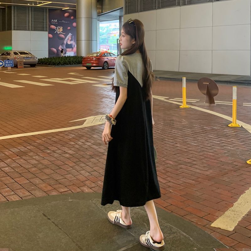 实拍80-200斤|拼色大码胖mm短袖连衣裙女装夏季宽松休闲