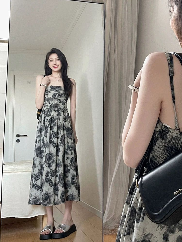 |原版工艺肩带可调|水墨碎花抹胸吊带连衣裙女夏季收腰气质设计 |原版工艺肩带可调|水墨碎花抹胸吊带连衣裙女夏季收腰气质设计