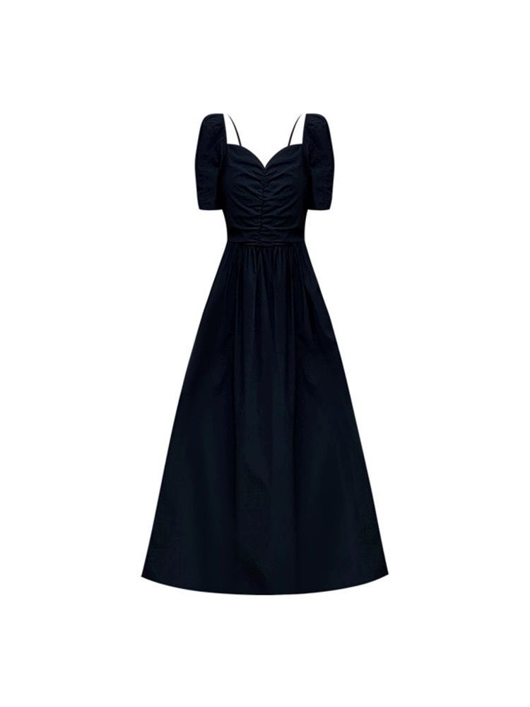 洋气炸街黑色方领泡泡袖连衣裙女夏2025新款法式茶歇小黑裙赫