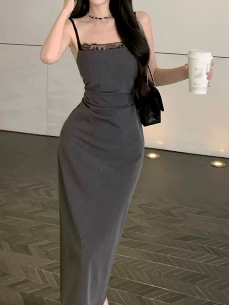 灰色富家千金风吊带连衣裙夏季女长裙蕾丝拼接褶皱性感纯欲包臀裙