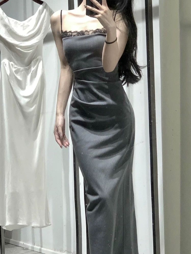 灰色富家千金风吊带连衣裙夏季女长裙蕾丝拼接褶皱性感纯欲包臀裙