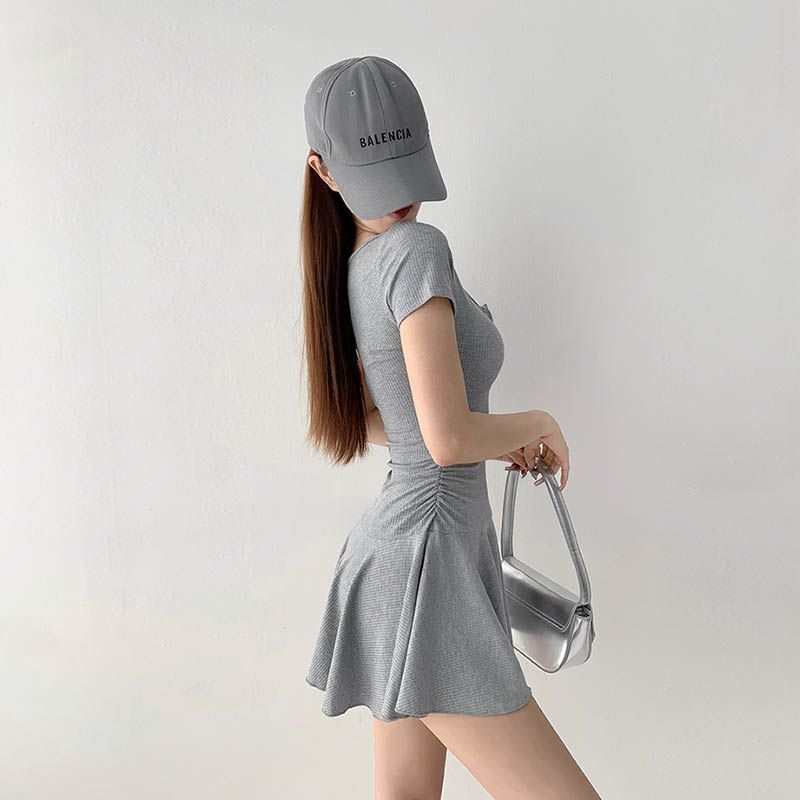 灰色u领短袖连衣裙女装夏季小个子收腰短裙学院风洋气减龄a字裙