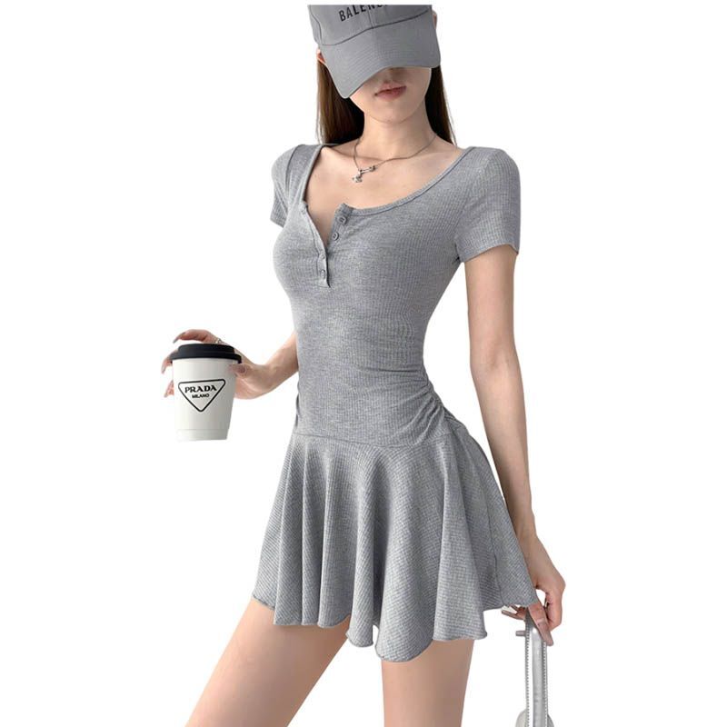 灰色u领短袖连衣裙女装夏季小个子收腰短裙学院风洋气减龄a字裙
