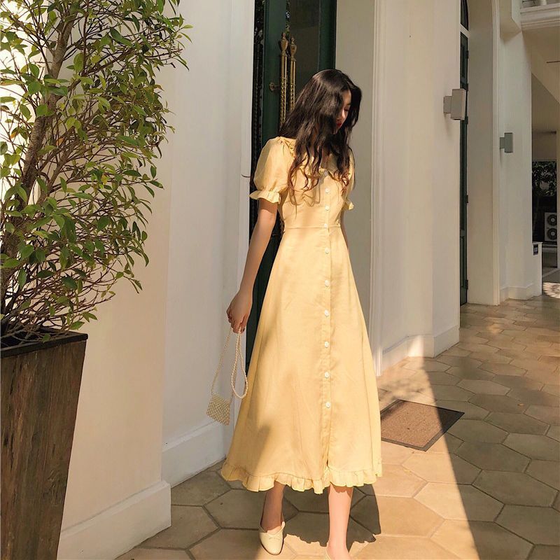法式复古小众连衣裙女娃娃领中长款韩版裙子夏季修身收腰气质长裙