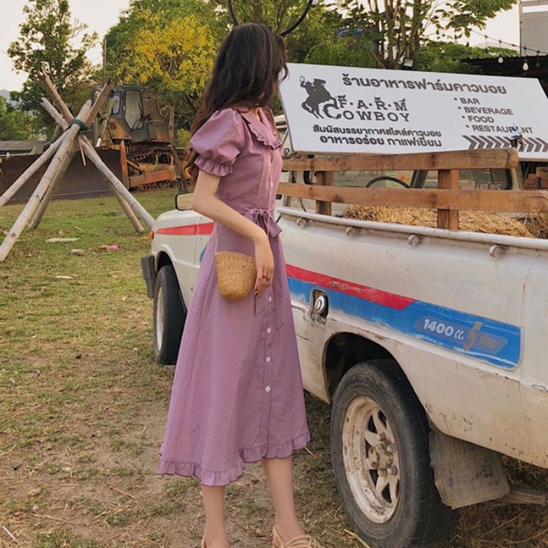 法式复古小众连衣裙女娃娃领中长款韩版裙子夏季修身收腰气质长裙