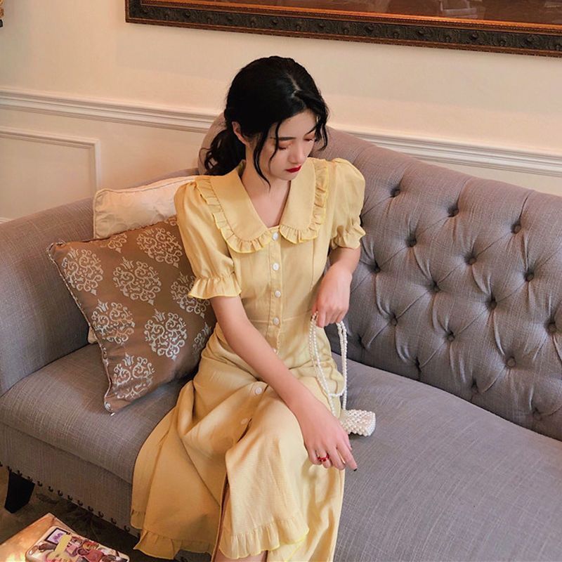 法式复古小众连衣裙女娃娃领中长款韩版裙子夏季修身收腰气质长裙