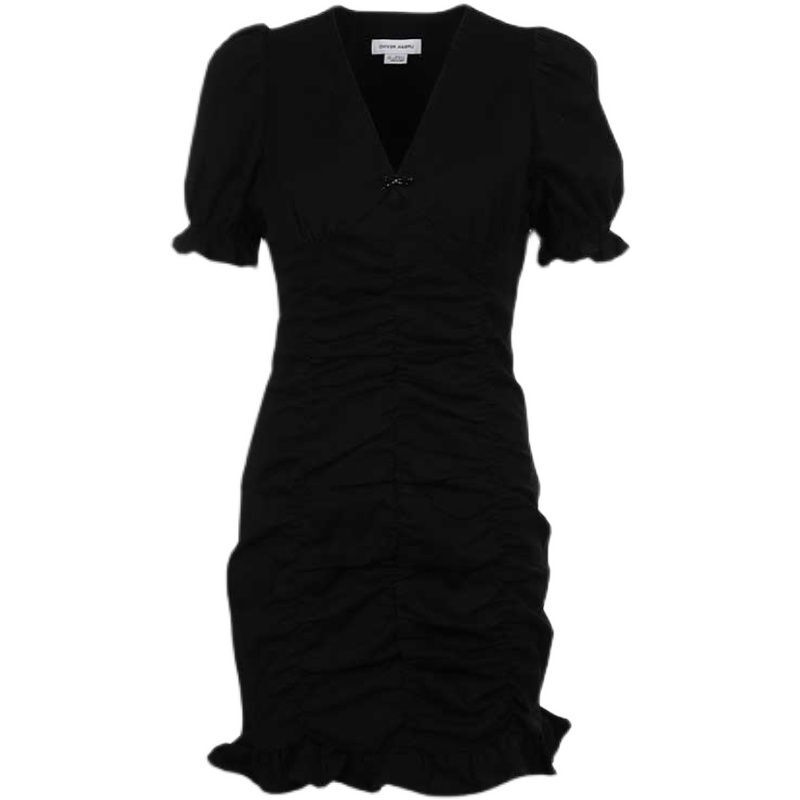 春季新品女装法式名媛V领褶皱紧身连衣裙女温柔风百搭夏天黑色裙