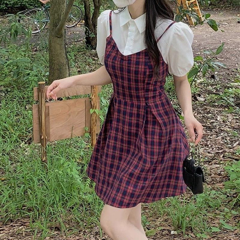 学院风泡泡袖连衣裙女夏季质感高级小个子气质收腰假两件格子短裙