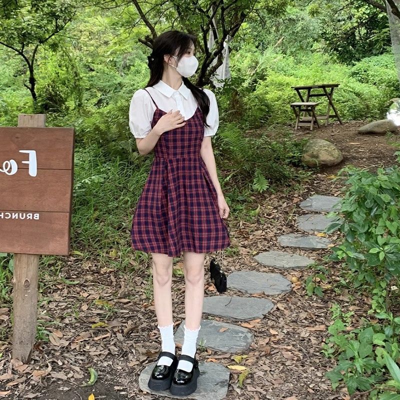 学院风泡泡袖连衣裙女夏季质感高级小个子气质收腰假两件格子短裙