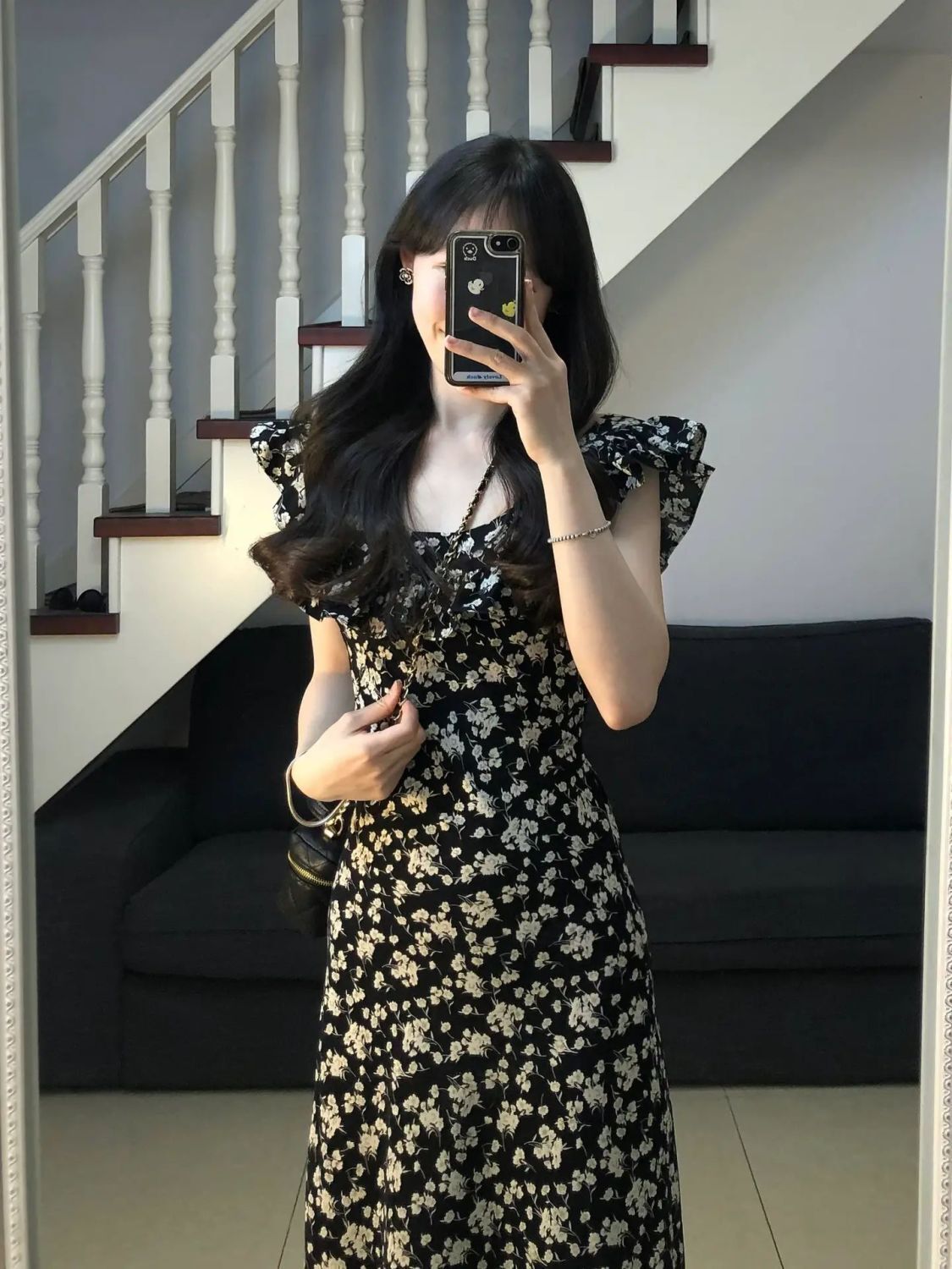 2025夏季新款茶歇法式黑色碎花连衣裙子质感高级感收腰女装长