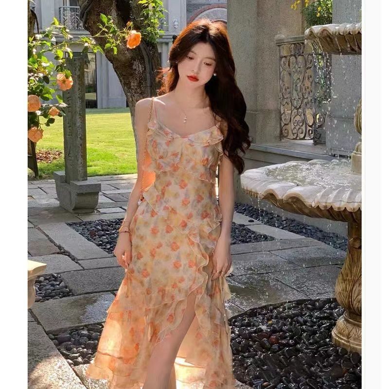 吊带裙女2025夏季法式性感v领高腰开叉雪纺不规则长裙碎花连