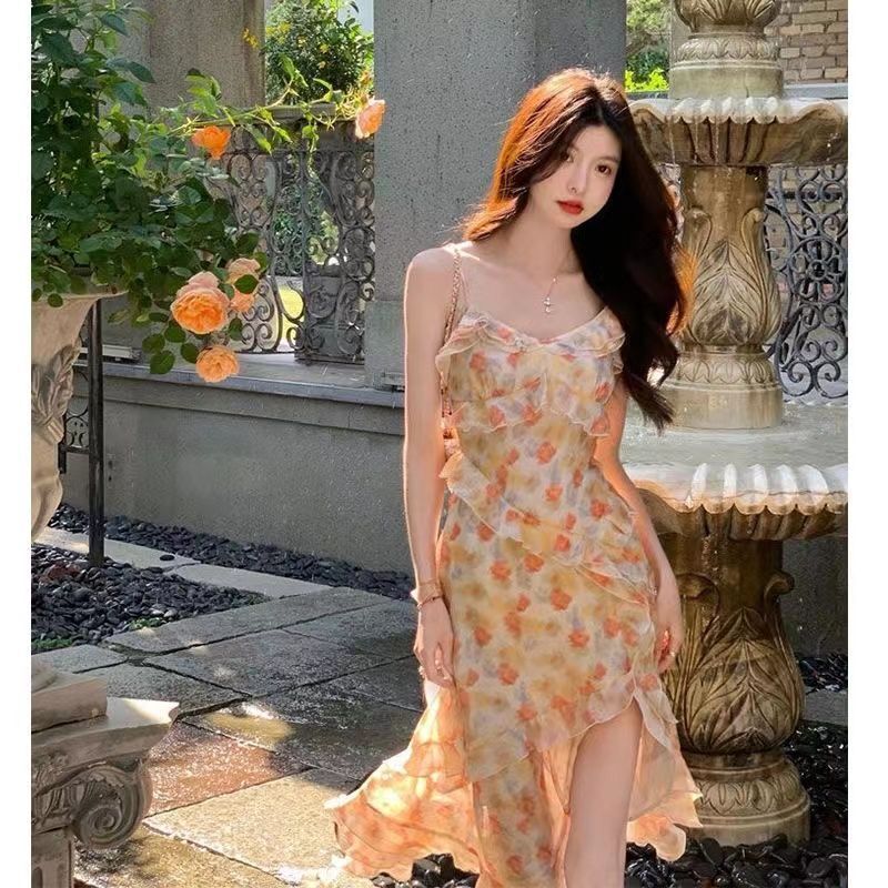 吊带裙女2025夏季法式性感v领高腰开叉雪纺不规则长裙碎花连